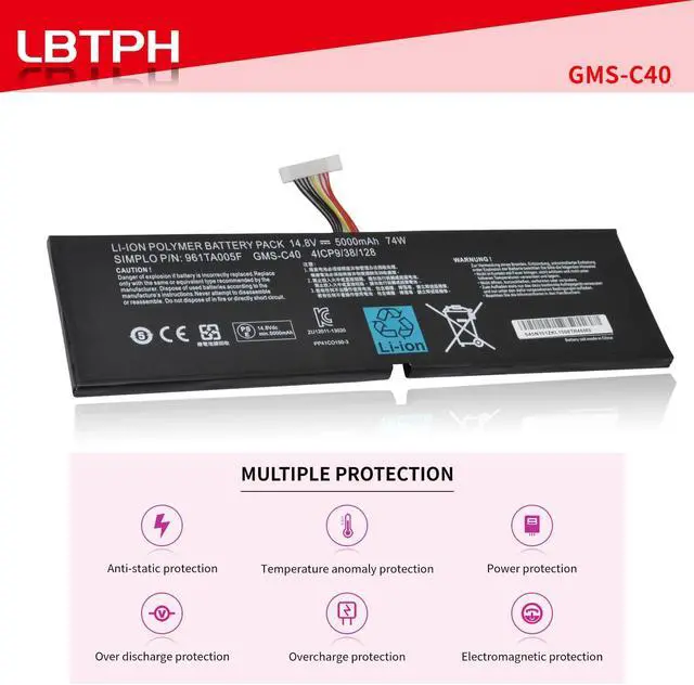 Alt view image 5 of 7 - GMS-C40 Compatible Laptop Battery Replacement for Razer Blade Pro 2013 2015 17 RZ09-0099 RZ09-00991101 RZ09-00991102 RZ09-0117 RZ09-01171E11 Series 961TA005F 4ICP9/38/128 14.8V 74Wh
