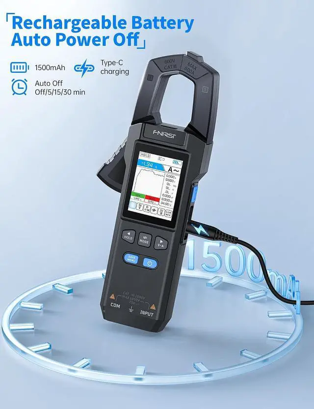 Alt view image 7 of 7 - FNIRSI DMC-100 Clamp Meter 9999 Counts TRMS, 600A AC/DC Amp Meter | Graph Recording, 2" TFT, Rechargeable Multimeter, AC/DC Current Clamp, Voltage, Resistance, Capacitance & NCV for HVAC & Auto