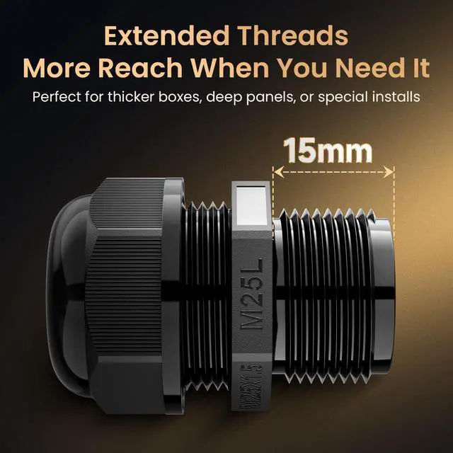 Alt view image 3 of 7 - 50pcs M25L Long Thread Cable Gland Waterproof IP68 Nylon Strain Relief Cord Grip Cable Pass Through Wire Connector