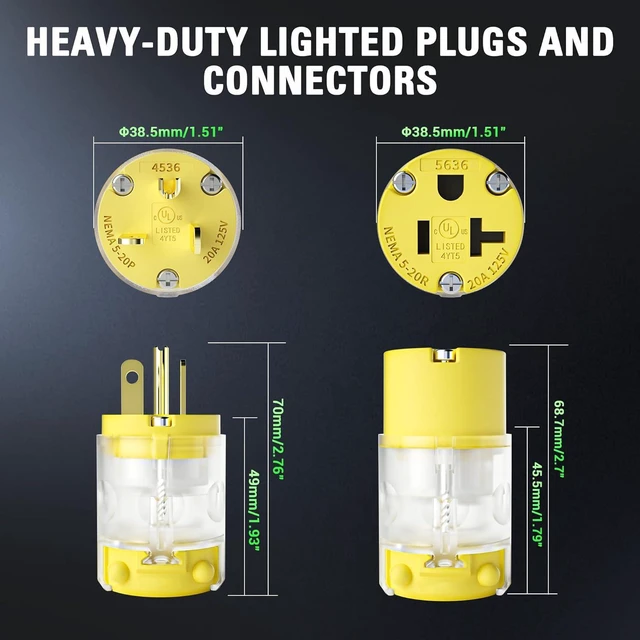 Alt view image 2 of 7 - 5 Pack 20 Amp Extension Cord Ends Lighted Connector Extension Cord Repair Female End, Straight Blade Cord End Replacement, 20 Amp 125Volt, NEMA 5-20R, 2 Pole 3Wire Grounding, UL/CUL Listed