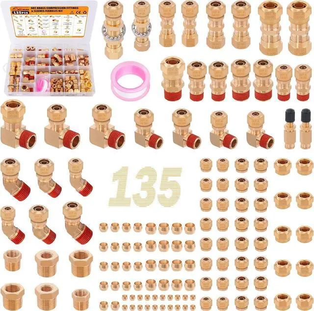 Main image of 135 Pcs DOT Air Brake Line Fittings, 1/4" 3/8" 1/2" Brass DOT Compression Air Nylon Tubing Fittings Connectors Assortment For Trucks or Industrial Use