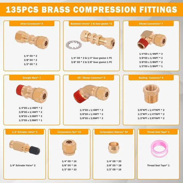 Alt view image 2 of 7 - 135 Pcs DOT Air Brake Line Fittings, 1/4" 3/8" 1/2" Brass DOT Compression Air Nylon Tubing Fittings Connectors Assortment For Trucks or Industrial Use