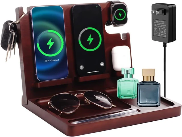 Main image of Nightstand Organizer with Dual 15W Phone Wireless Charging Station for 2 iPhone, Watch and Airpods,Bamboo Wood Phone Docking Station,Gifts for Men Dad Husband