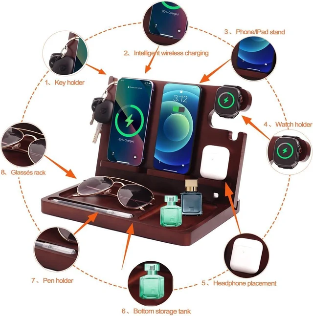 Alt view image 2 of 7 - Nightstand Organizer with Dual 15W Phone Wireless Charging Station for 2 iPhone, Watch and Airpods,Bamboo Wood Phone Docking Station,Gifts for Men Dad Husband