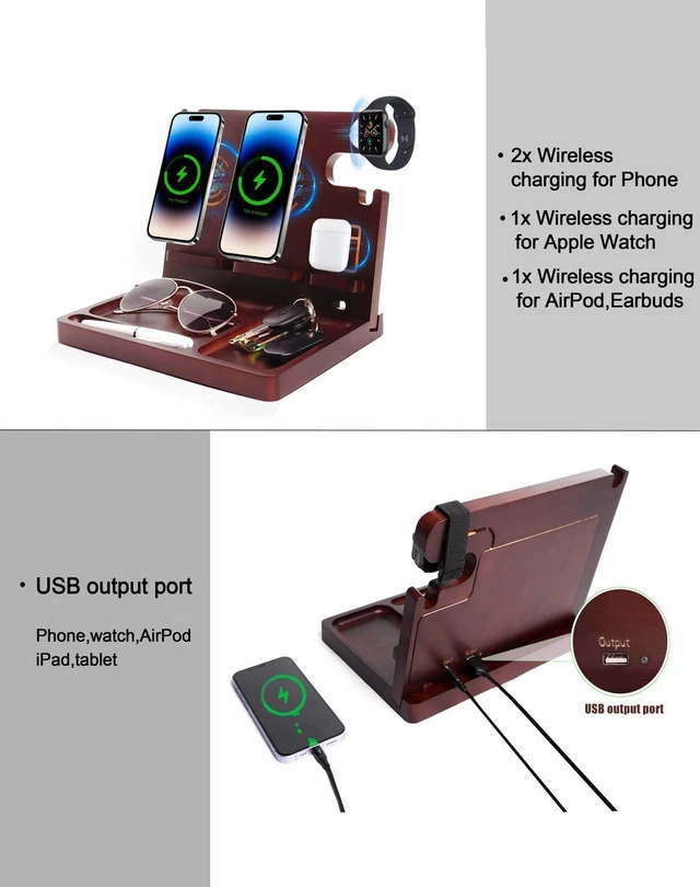 Alt view image 4 of 7 - Nightstand Organizer with Dual 15W Phone Wireless Charging Station for 2 iPhone, Watch and Airpods,Bamboo Wood Phone Docking Station,Gifts for Men Dad Husband