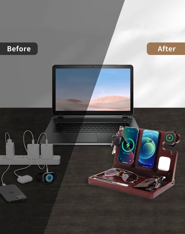 Alt view image 5 of 7 - Nightstand Organizer with Dual 15W Phone Wireless Charging Station for 2 iPhone, Watch and Airpods,Bamboo Wood Phone Docking Station,Gifts for Men Dad Husband