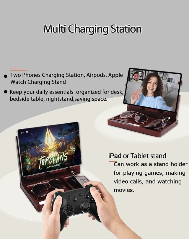 Alt view image 6 of 7 - Nightstand Organizer with Dual 15W Phone Wireless Charging Station for 2 iPhone, Watch and Airpods,Bamboo Wood Phone Docking Station,Gifts for Men Dad Husband