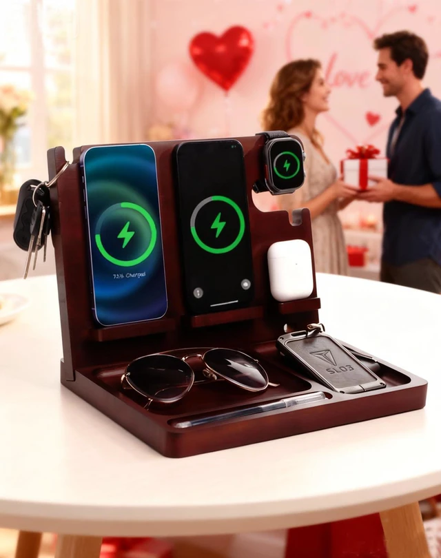 Alt view image 7 of 7 - Nightstand Organizer with Dual 15W Phone Wireless Charging Station for 2 iPhone, Watch and Airpods,Bamboo Wood Phone Docking Station,Gifts for Men Dad Husband