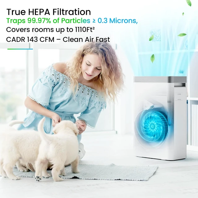 Alt view image 2 of 7 - Air Purifier for Home Ptes, Covers Up to 1110 sq ft, CADR 143 CFM, H13 HEPA Air Cleaner with Smart APP Control, Air Quality Sensor, 25dB Sleep Mode, Remove Dust Smoke Odor - White