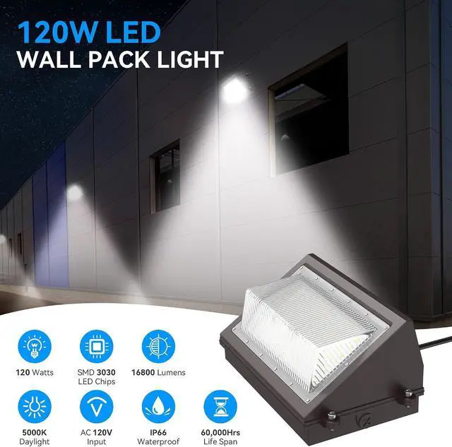 Alt view image 3 of 7 - 120W LED Wall Pack Light with Dusk-to-Dawn Sensor, 16800LM 5000K LED Security Flood Lighting, 120V Outdoor LED Wall Lights for Parking Lots|Warehouses|Factories|Yard, 2 Pack