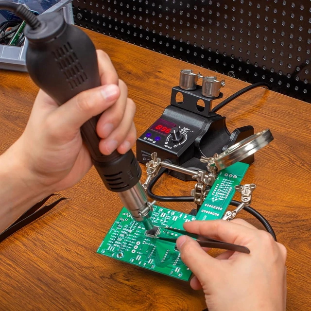 Alt view image 2 of 7 - 8858-V Hot Air Rework Station Kit Compact with Nozzle Holder, 3 Nozzles, 2 Tweezers, PID Control & °C/°F Conversion