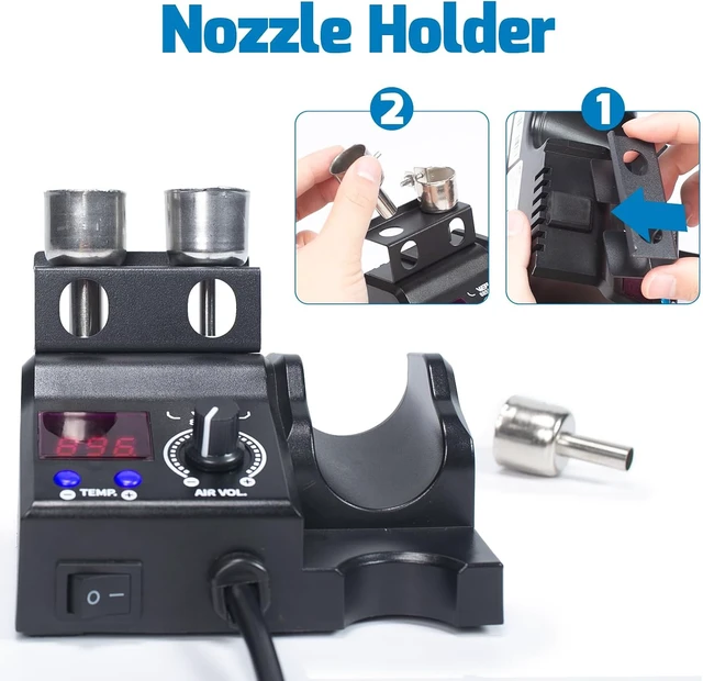 Alt view image 5 of 7 - 8858-V Hot Air Rework Station Kit Compact with Nozzle Holder, 3 Nozzles, 2 Tweezers, PID Control & °C/°F Conversion