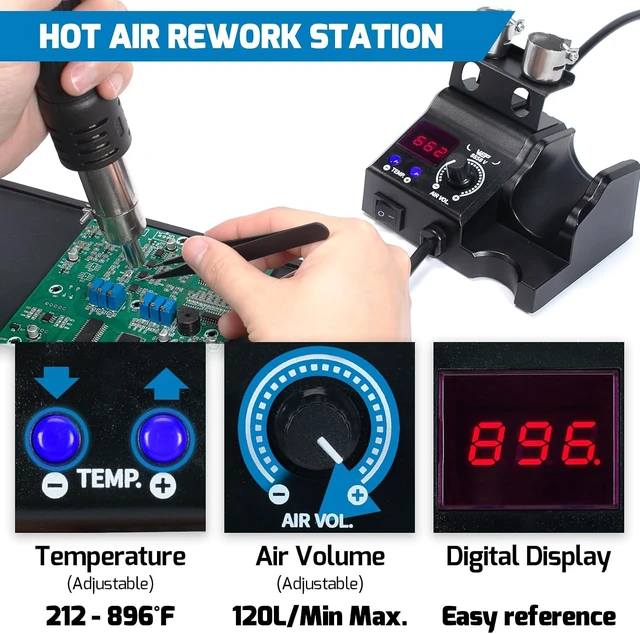 Alt view image 6 of 7 - 8858-V Hot Air Rework Station Kit Compact with Nozzle Holder, 3 Nozzles, 2 Tweezers, PID Control & °C/°F Conversion