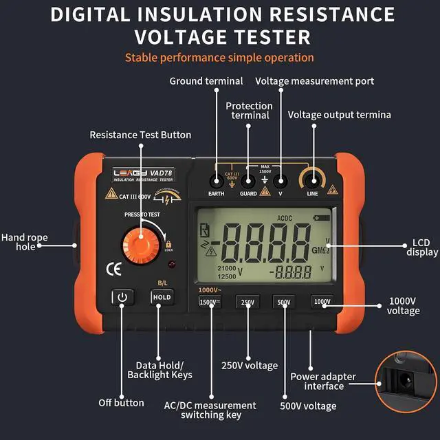 Alt view image 2 of 6 - VAD78 Digital Insulation Resistance Tester - Accurate Megohm Meter for DC/AC Voltage Testing (20-1500V, 20-750V) and Resistance Measurement (0-5000 Megohms)
