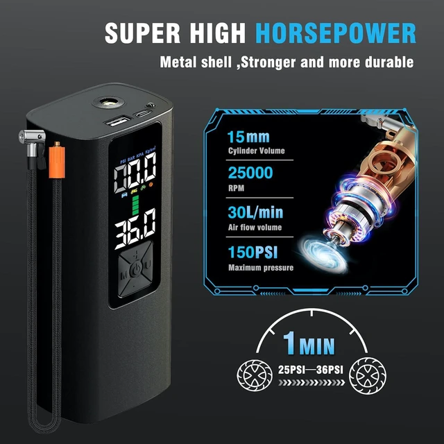 Alt view image 3 of 7 - Tire Inflator Portable Air Compressor Auto Air Pump for Car Tire Car Accessories with Color Digital Pressure Gauge 4X Faster Inflation Rechargeable for Motorcycle Bike Ball Power Bank LED Light