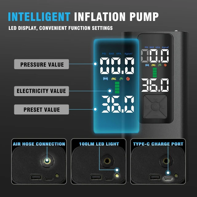 Alt view image 4 of 7 - Tire Inflator Portable Air Compressor Auto Air Pump for Car Tire Car Accessories with Color Digital Pressure Gauge 4X Faster Inflation Rechargeable for Motorcycle Bike Ball Power Bank LED Light