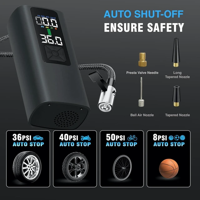 Alt view image 5 of 7 - Tire Inflator Portable Air Compressor Auto Air Pump for Car Tire Car Accessories with Color Digital Pressure Gauge 4X Faster Inflation Rechargeable for Motorcycle Bike Ball Power Bank LED Light