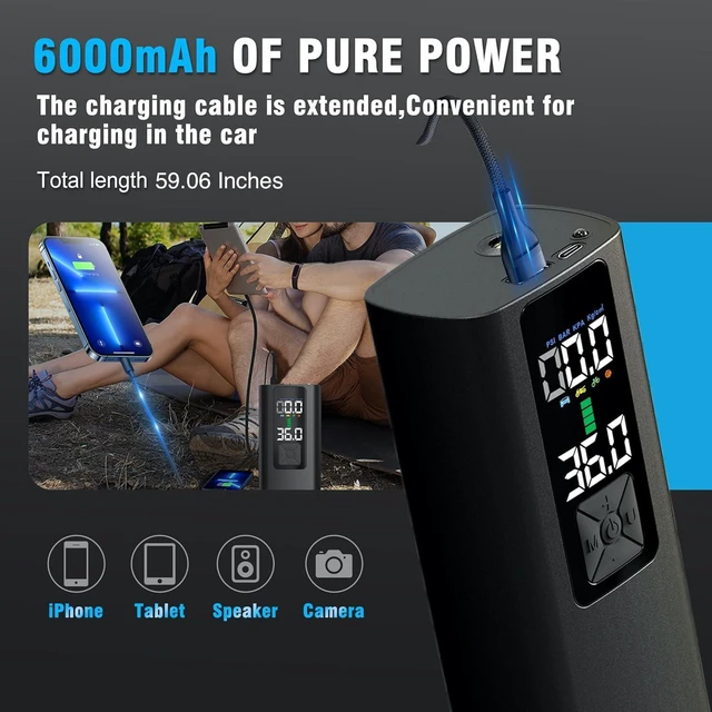 Alt view image 6 of 7 - Tire Inflator Portable Air Compressor Auto Air Pump for Car Tire Car Accessories with Color Digital Pressure Gauge 4X Faster Inflation Rechargeable for Motorcycle Bike Ball Power Bank LED Light