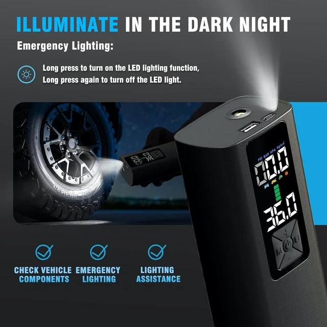 Alt view image 7 of 7 - Tire Inflator Portable Air Compressor Auto Air Pump for Car Tire Car Accessories with Color Digital Pressure Gauge 4X Faster Inflation Rechargeable for Motorcycle Bike Ball Power Bank LED Light