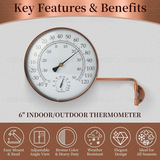Alt view image 3 of 7 - 6-Inch Brass Outdoor Thermometer & Humidity Gauge with Swivel Mount