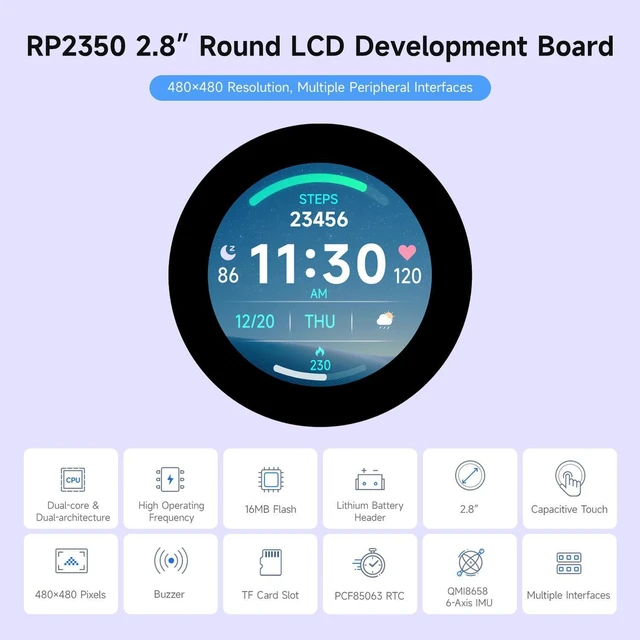Alt view image 3 of 7 - Waveshare RP2350 2.8inch Round Display Development Board, 480×480, Based On The Raspberry Pi RP2350B Dual-core & Dual-Architecture Microcontroller, RGB Interface