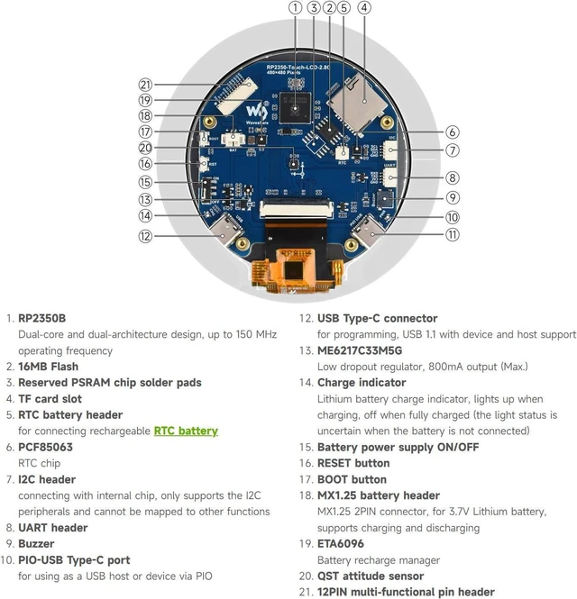 Alt view image 7 of 7 - Waveshare RP2350 2.8inch Round Display Development Board, 480×480, Based On The Raspberry Pi RP2350B Dual-core & Dual-Architecture Microcontroller, RGB Interface