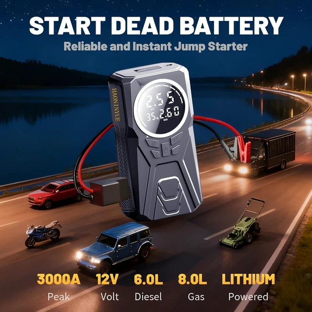 Alt view image 4 of 7 - Car Jump Starter with Air Compressor,3000A Car Emergency Starting Power Supply,150PSI Tire Inflator Portable Compressor,Battery Jump Starter,Portable Tire Inflator for Cars,Pickup Trucks,Bicycles
