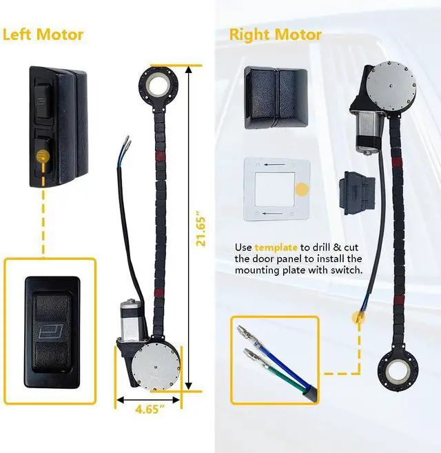 Alt view image 2 of 7 - Universal Electric Power Window Lift Roll Up Regulator Conversion Kit w/Switches, Wiring & Mounting Hardware