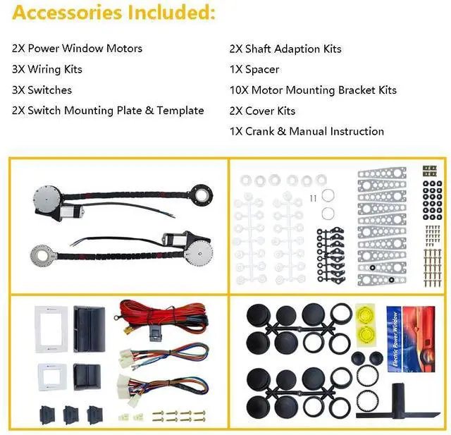 Alt view image 6 of 7 - Universal Electric Power Window Lift Roll Up Regulator Conversion Kit w/Switches, Wiring & Mounting Hardware