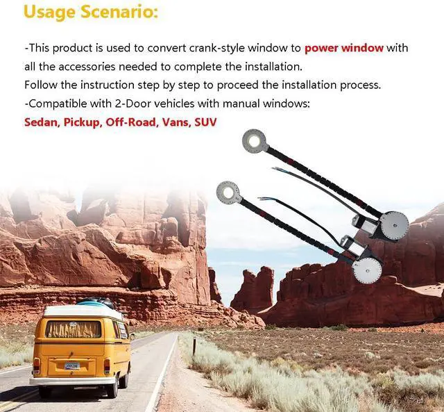 Alt view image 7 of 7 - Universal Electric Power Window Lift Roll Up Regulator Conversion Kit w/Switches, Wiring & Mounting Hardware