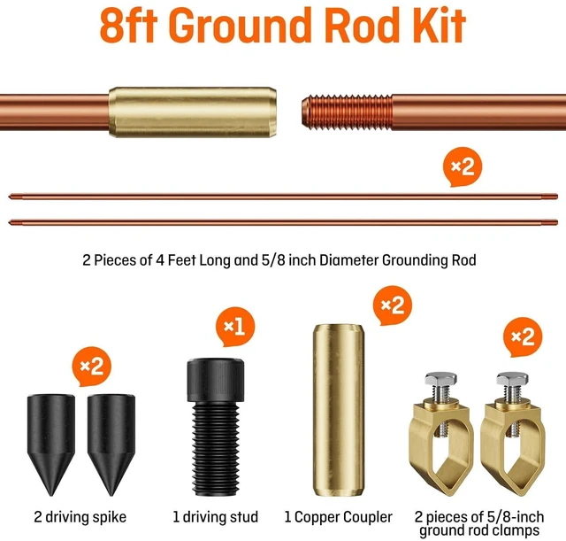 Alt view image 2 of 7 - 8ft Ground Rod Kit 5/8 Clad Copper Grounding Rod with Grounding Clamp for Electrical Grounding bar for Electric Fences Satellite Dishes Generator Grounding Earthing