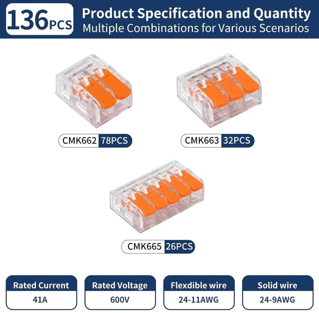Alt view image 4 of 7 - 136-Piece Lever Wire Connectors, 2/3/5 Ports Quick Splice for 24-10 AWG