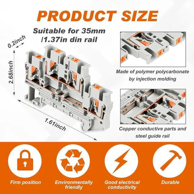 Alt view image 2 of 7 - DIN Rail Terminal Block Twin Spring Terminal Connectors Push in Type PT Screwless Wire Wiring Connector with 10 Covers 10 End Stops 6 Jumpers (ST2-2.5/2-2, 56 Pcs)