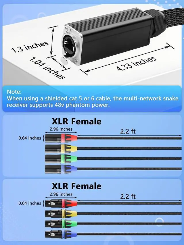 Alt view image 7 of 7 - 4 Channel Multi Snake 3Pin XLR to Ethercon-Compatible RJ45 Cat5/Cat6 Ethernet Breakout for Live Stage Audio, Sound, Lighting, Audio Recording Studio (1 Pair: Male&Female) - 2.6FT