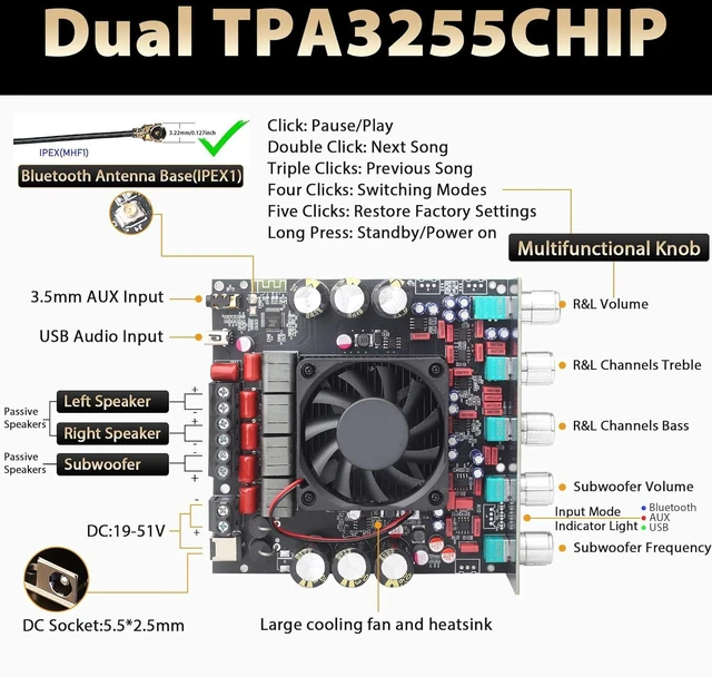 Alt view image 2 of 7 - S600X 2.1 Channel Amplifier Board 300W+300W+600W Power Output,TPA3255 Chip,Bluetooth 5.2,Black