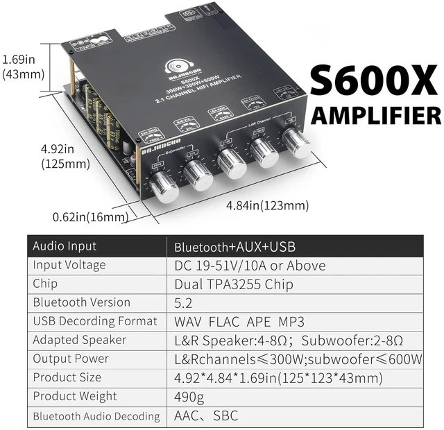 Alt view image 6 of 7 - S600X 2.1 Channel Amplifier Board 300W+300W+600W Power Output,TPA3255 Chip,Bluetooth 5.2,Black
