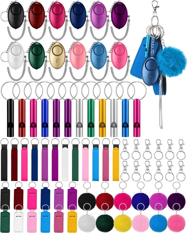 Main image of 60 Pcs Safety Keychain Set for Women Safe Sound Personal Alarms Emergency Whistles Lipstick Holder Keychains Pom Poms Keychains Metal Lobster Claw Clasps with Key Rings Hiking Outdoors Gifts