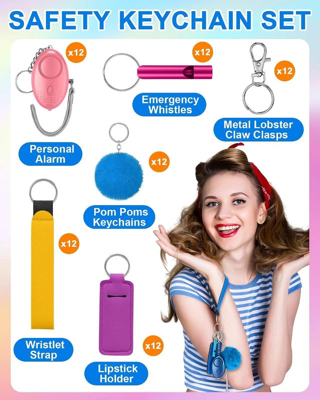 Alt view image 5 of 7 - 60 Pcs Safety Keychain Set for Women Safe Sound Personal Alarms Emergency Whistles Lipstick Holder Keychains Pom Poms Keychains Metal Lobster Claw Clasps with Key Rings Hiking Outdoors Gifts