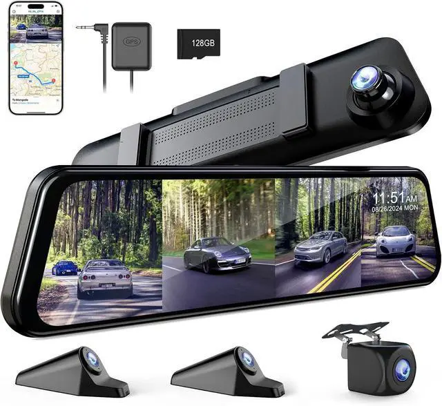 Main image of 360 Degree View 4 Channel Mirror Dash Cam Detached Camera for CarsDash Cam Front and Rear Side(Left,Right),12'' Rear View Mirror Camera1080Px4,WiFi,Night Vision,GPS,Parking Monitor,Free 128GB Card