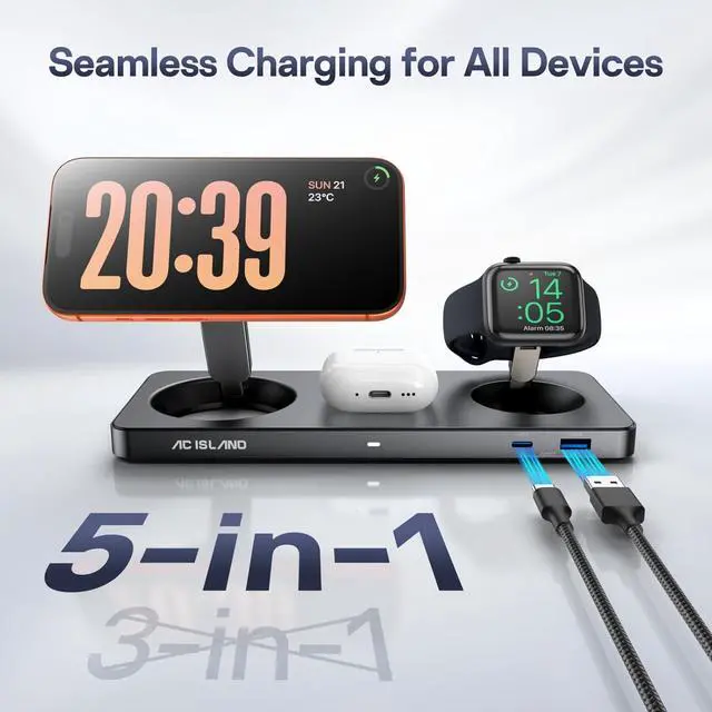 Alt view image 2 of 7 - 5-in-1 Wireless Charger for MagSafe, 25W Foldable Magnetic Stand, Qi2.2 Travel Charging Station for iPhone 17-12 & Air Series, Apple Watch, AirPods, with 65W GaN Adapter