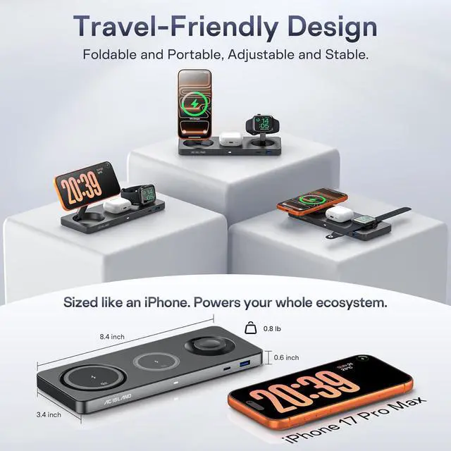 Alt view image 5 of 7 - 5-in-1 Wireless Charger for MagSafe, 25W Foldable Magnetic Stand, Qi2.2 Travel Charging Station for iPhone 17-12 & Air Series, Apple Watch, AirPods, with 65W GaN Adapter