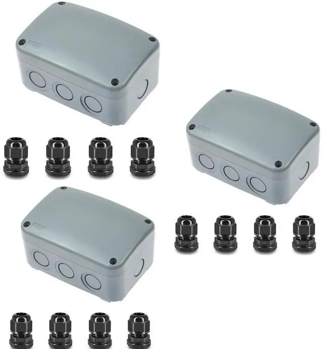 Main image of Outdoor Junction Box, IP66 3 Set Weatherproof Electrical Boxes with 20mm Cable Gland Kit, PVC/ABS Plastic Enclosure Box Universal Watertight 4.9 x 3.3 x 2.3 inch (125x86x62mm)