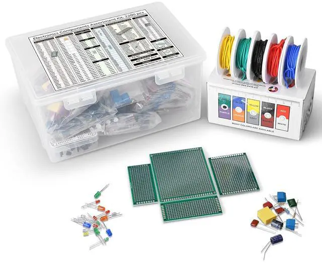 Main image of Components Assortment Kit, Grab Bag, IC, Opamp,Resistors, Polyester Capacitors, LED, PCB, Diodes, Transistors, 2200 pcs