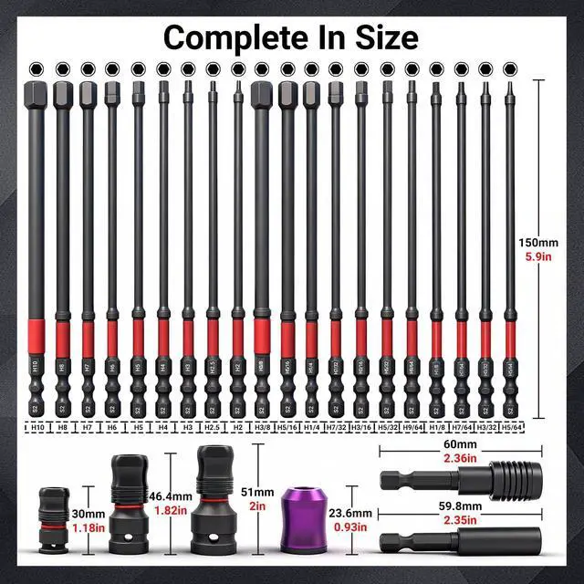 Alt view image 2 of 7 - 63-Pcs Impact Screwdriver Bits Set, Metric & SAE Long Screwdriver Bit Set | 6-Inch Magnetic S2 Steel, 1/4" Hex Shank, Torx/Phillips/Hex/Nut Driver Bits, Storage Box