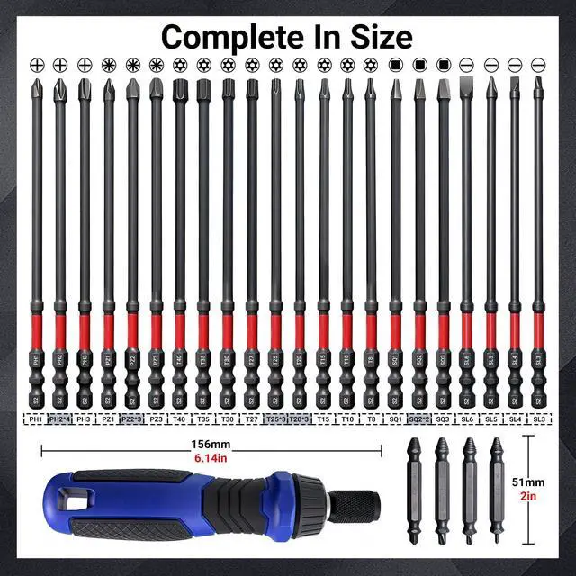 Alt view image 3 of 7 - 63-Pcs Impact Screwdriver Bits Set, Metric & SAE Long Screwdriver Bit Set | 6-Inch Magnetic S2 Steel, 1/4" Hex Shank, Torx/Phillips/Hex/Nut Driver Bits, Storage Box