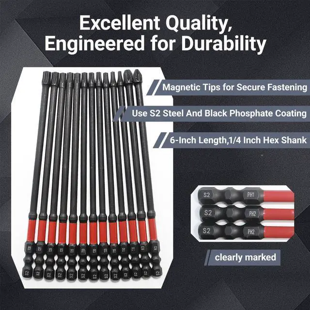 Alt view image 5 of 7 - 63-Pcs Impact Screwdriver Bits Set, Metric & SAE Long Screwdriver Bit Set | 6-Inch Magnetic S2 Steel, 1/4" Hex Shank, Torx/Phillips/Hex/Nut Driver Bits, Storage Box