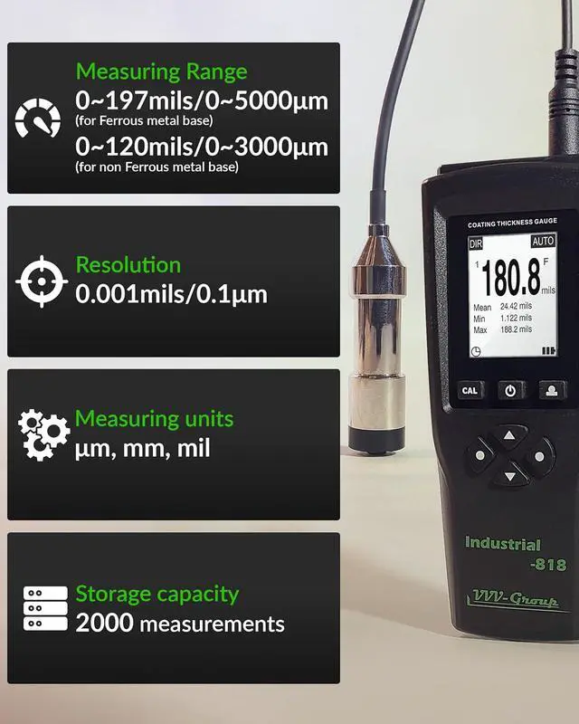 Alt view image 2 of 7 - Coating Thickness Gauge Industrial-818 with External Probe 0197 mil (05000m) Fe / 0120 mil (03000m) NFe, 0.001 mil Resolution, Factory/Zero/Multi-Point Calibration, Memory, PC Connectivity
