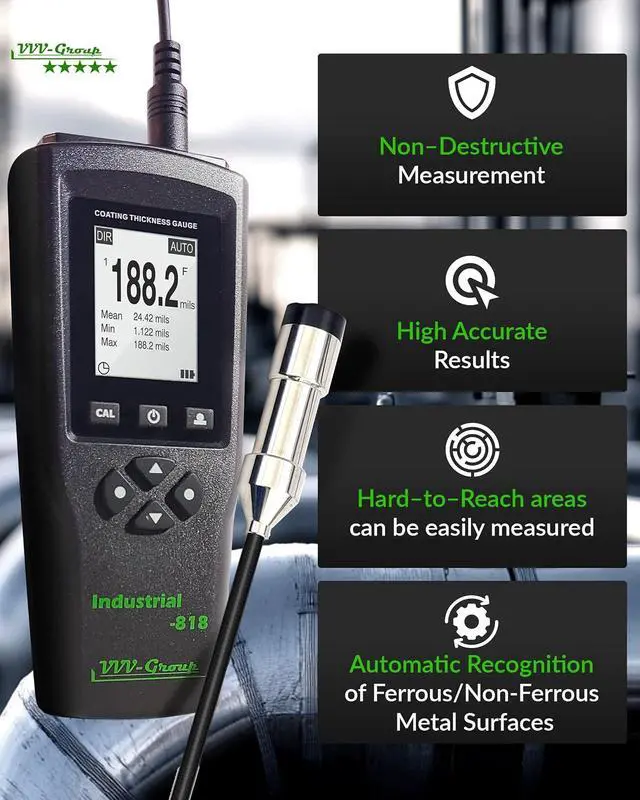 Alt view image 7 of 7 - Coating Thickness Gauge Industrial-818 with External Probe 0197 mil (05000m) Fe / 0120 mil (03000m) NFe, 0.001 mil Resolution, Factory/Zero/Multi-Point Calibration, Memory, PC Connectivity