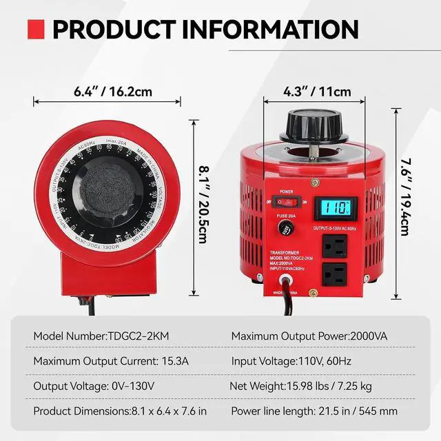 Alt view image 2 of 7 - 2000VA Variable AC Power Supply Voltage Transformer Voltage Regulator Transformer Converter Auto Variable with LCD Display 110V Input 0-130V Output AC Voltage Stabilizer