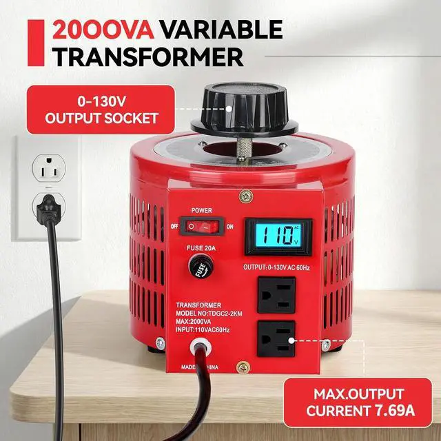 Alt view image 7 of 7 - 2000VA Variable AC Power Supply Voltage Transformer Voltage Regulator Transformer Converter Auto Variable with LCD Display 110V Input 0-130V Output AC Voltage Stabilizer